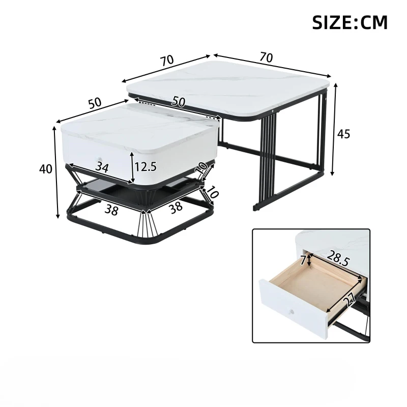 Set 2 tavolini da caffè con cassetto integrato, 70x70x45 cm/50x50x40 cm, Bianco e Nero