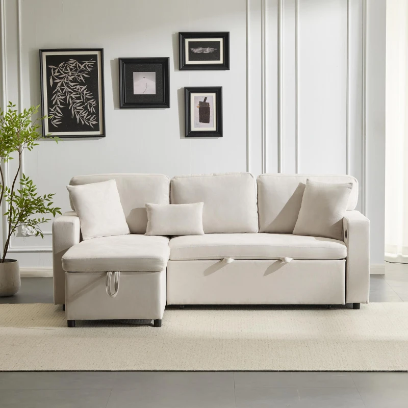 3 Seater Corner Sofa with Integrated Side Shelf and Built-in USB, Modular Sofa with Footstool and 3 Cushions, 214L x 131W x 87H cm, Beige