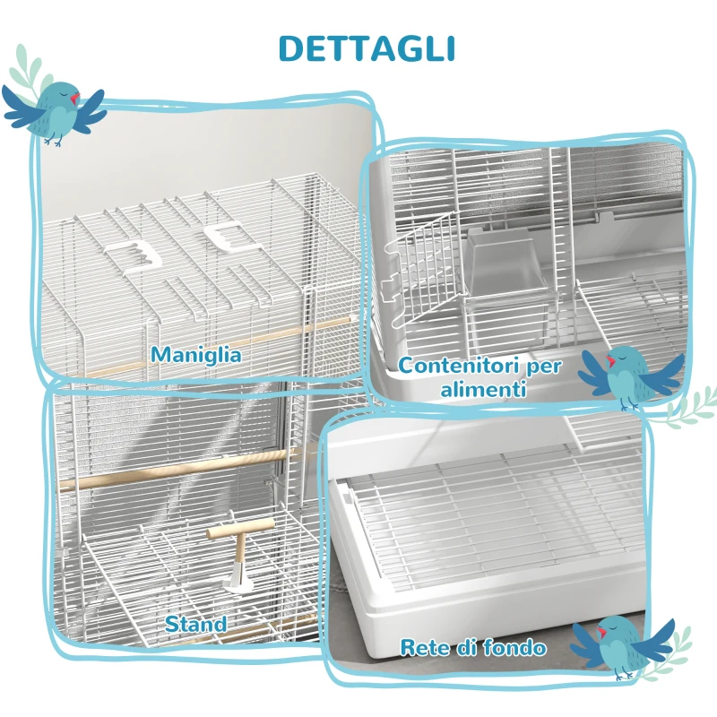 PawHut Gabbia per Uccelli con Vassoio Estraibile e Posatoi, Voliera per Pappagalli, 61x36.5x98 cm, Bianco