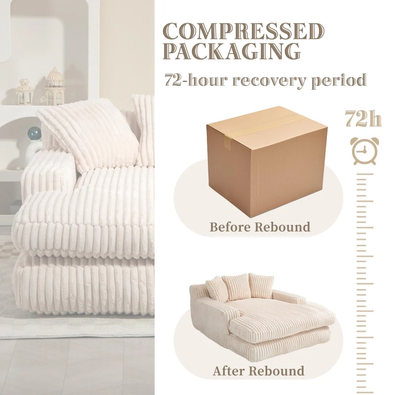 Oversized Chaise Longue Sofa with 3 Throw Cushions and Wide Armrests, Chair with Shredded Memory Foam Seat, 155L x 125W x 63H cm, Beige