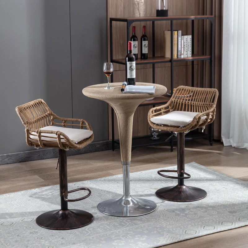 Set of 2 Modern Swivel Bar Stools with Wicker Rattan Weave and Padded Linen Seat, Counter Stools for Living Room, 48L x 49W x 89H cm, Beige