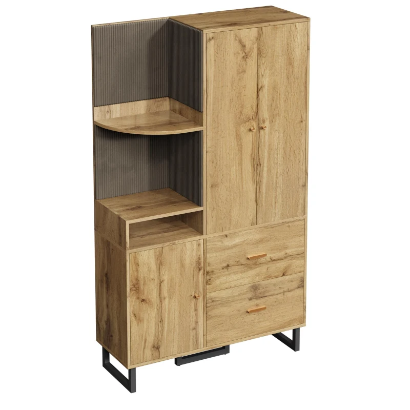 Armario ropero con estantes abiertos, barra extraíble para ropa, 2 amplios cajones, 110x38x186 cm, Color natural