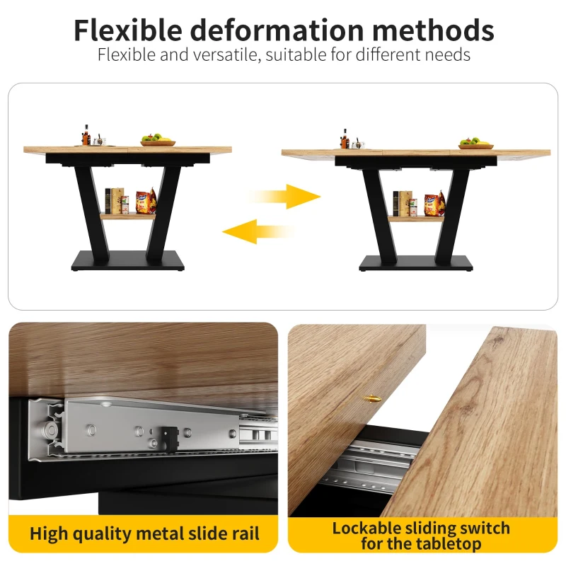 Extendable Dining Table with Marbled MDF Top and V-Shaped Metal Legs, Space-Saving Desk for Seats 6–8, 118L x 70W x 75H cm, Black+Natural
