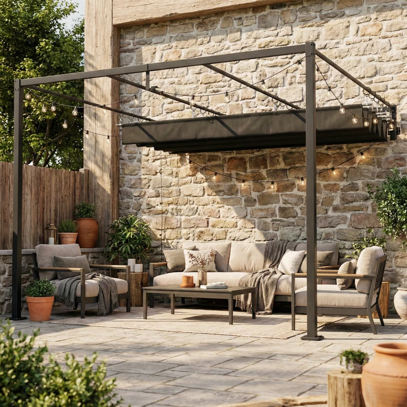 Outsunny Wand-Pergola für Garten 3x3 m mit einziehbarem Dach UPF30+ Schutz Ablauf Gartenpavillon für Außenbereich Grau