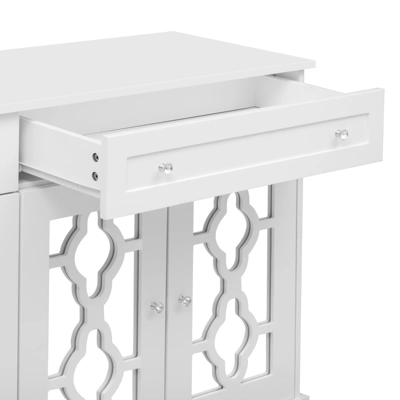 Credenza buffeti con 4 ante a specchio e maniglie in cristallo, 140x40x83 cm, Bianco