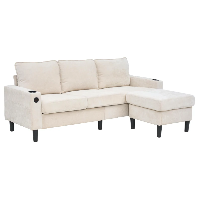 L-Shaped Corner Sofa with USB Charging Ports and Cup Holders, Modular Sofa with Storage Ottoman and Pockets, 202L x 137W x 80H cm, Beige