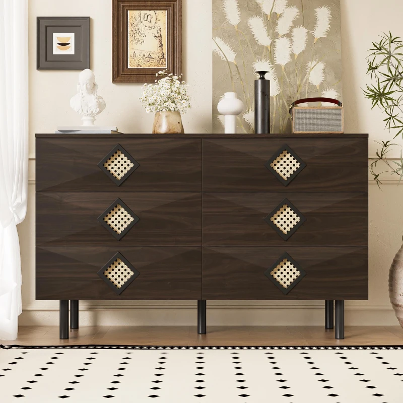 Tavolo trucco con 6 cassetti e maniglie in rattan per camera da letto e soggiorno, 120x40x74,5 cm, color legno