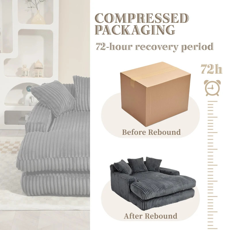 Oversized Chaise Longue Sofa with 3 Throw Cushions and Wide Armrests, Chair with Shredded Memory Foam Seat, 155L x 125W x 63H cm, Dark Gray