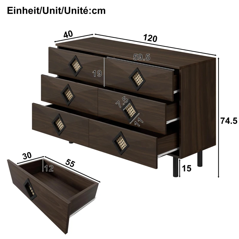 Tavolo trucco con 6 cassetti e maniglie in rattan per camera da letto e soggiorno, 120x40x74,5 cm, color legno