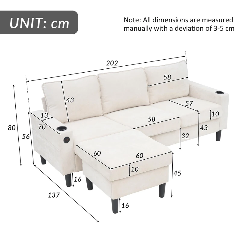 L-Shaped Corner Sofa with USB Charging Ports and Cup Holders, Modular Sofa with Storage Ottoman and Pockets, 202L x 137W x 80H cm, Beige