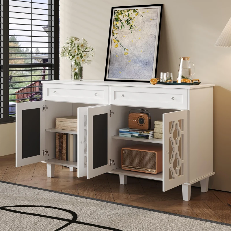 Credenza buffeti con 4 ante a specchio e maniglie in cristallo, 140x40x83 cm, Bianco