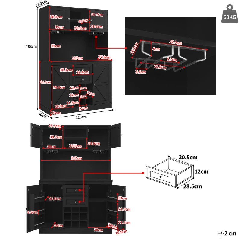 Tall Kitchen Cabinet with 4 Doors & 2 Smooth-Glide Drawers and Adjustable Shelves, Sideboard with Wine Racks, 120L x 40W x 188H cm, Black