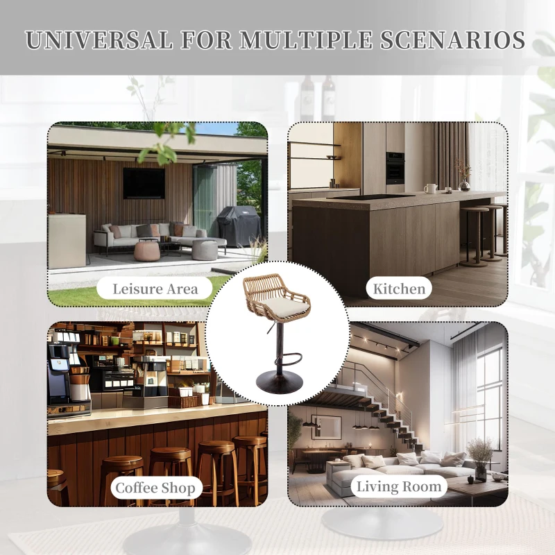 Set of 2 Modern Swivel Bar Stools with Wicker Rattan Weave and Padded Linen Seat, Counter Stools for Living Room, 48L x 49W x 89H cm, Beige