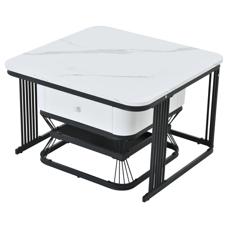 Set 2 tavolini da caffè con cassetto integrato, 70x70x45 cm/50x50x40 cm, Bianco e Nero