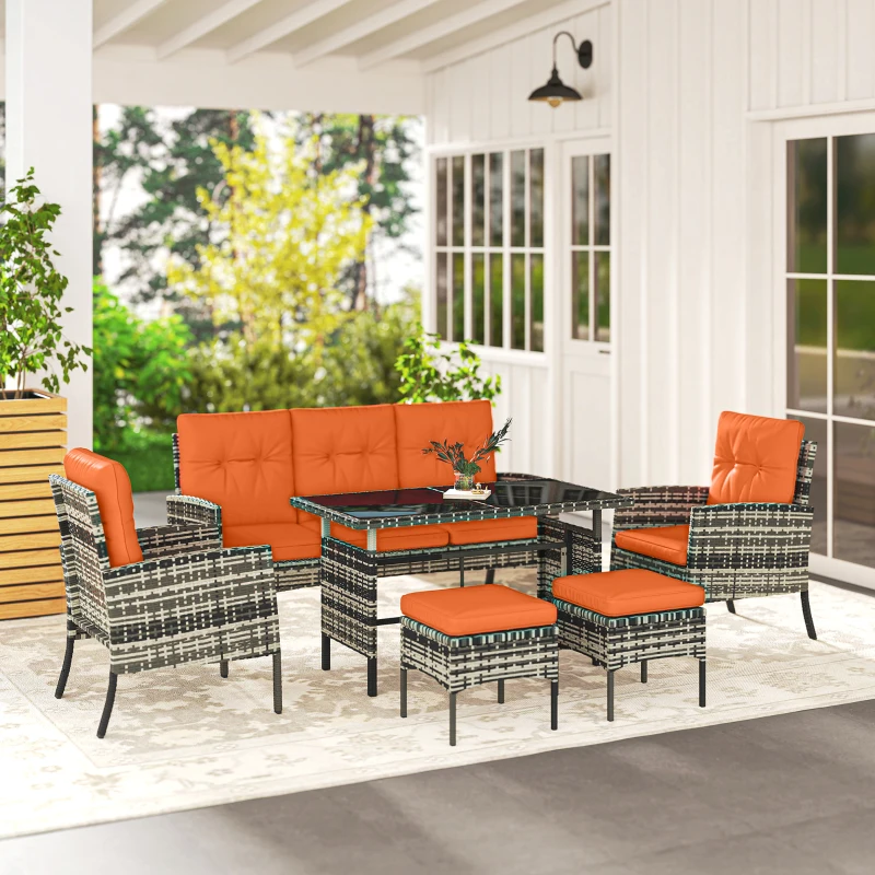 Outsunny 6 Pieces Rattan Garden Furniture Set with Dining Table and Cushions, Orange