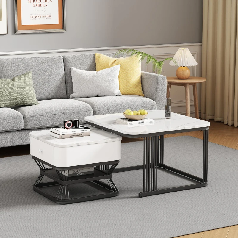 Set 2 tavolini da caffè con cassetto integrato, 70x70x45 cm/50x50x40 cm, Bianco e Nero