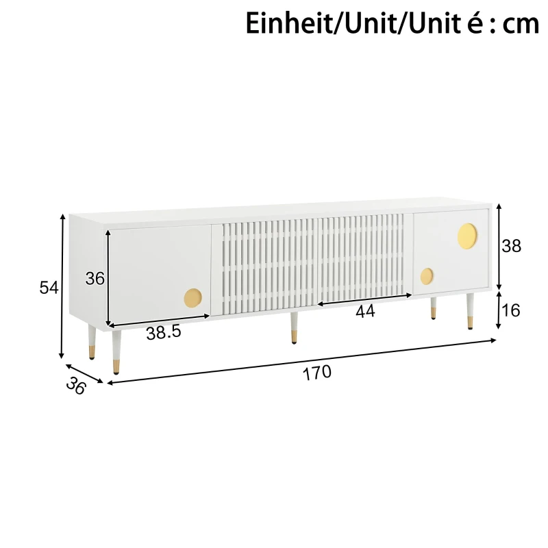 Mobile TV a griglia con dettagli dorati e 4 porte, 170x36x54 cm, Bianco