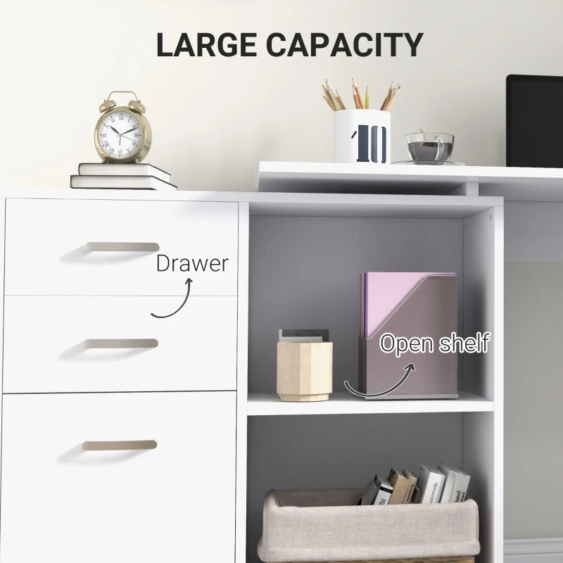 HOMCOM L-Shaped Desk, Computer Corner Desk with Storage Shelf, Drawer, PC Table Home Office Workstation, White