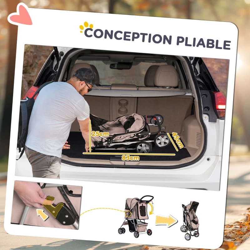 PawHut Poussette buggy pliable animaux chariot pliante chien chat porte-gobelet panier de rangement inclus roues avec frein tissu 600D Oxford acier 75 x 45 x 97 cm marron