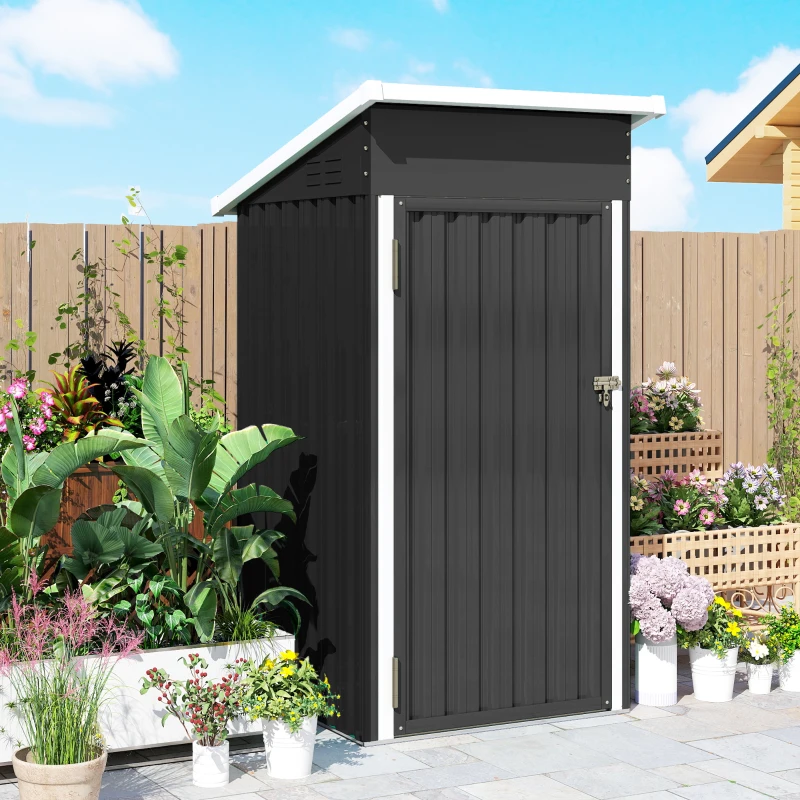 Outsunny Gartenschuppen 0.74m² aus verzinktem Stahl mit Lüftungsöffnungen, verschließbarer Tür, geneigtem Dach, Handschuhe, Geräteschuppen, 107.5x91x185 cm, Dunkelgrau