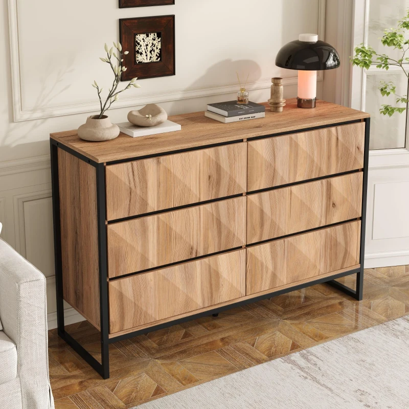 Sideboard mit 6 Schubladen, schwarzem Metallrahmen und geometrischen Schubladenfronten, 120 x 40 x 80 cm, Naturfarbe