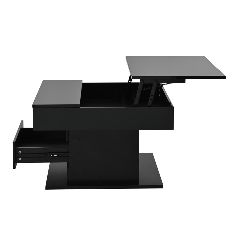 Tavolino da salotto girevole 360° con piano sollevabile, spazio a scomparsa e cassetto, 70x70x45 cm, Nero