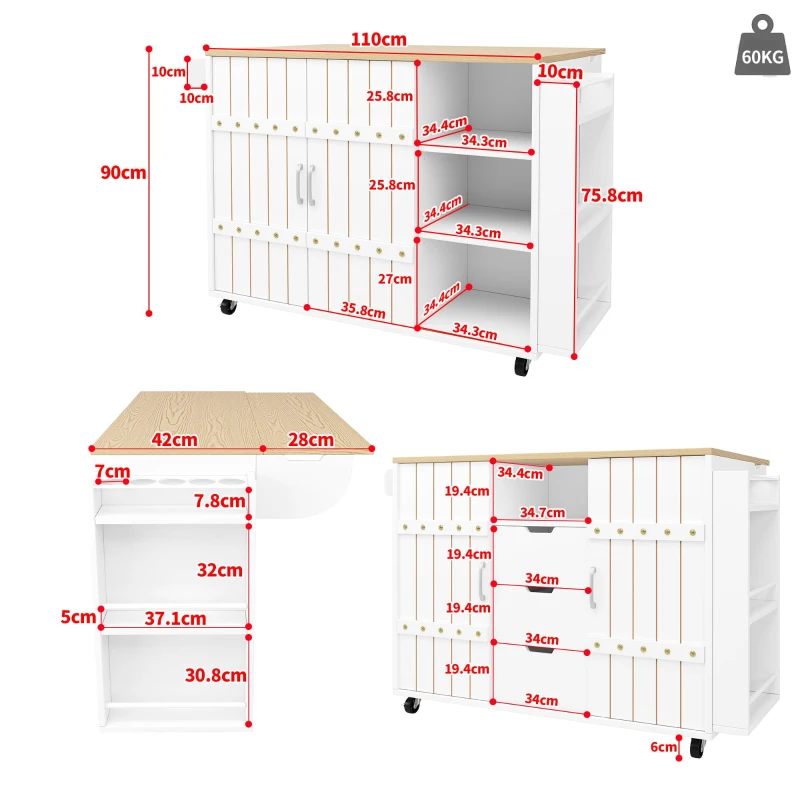 Modern Kitchen Island with Aluminium Handles and 2 Lockable Castors, Serving Trolley with Fold-Out MDF Worktop, 110L x 42W x 90H cm, White