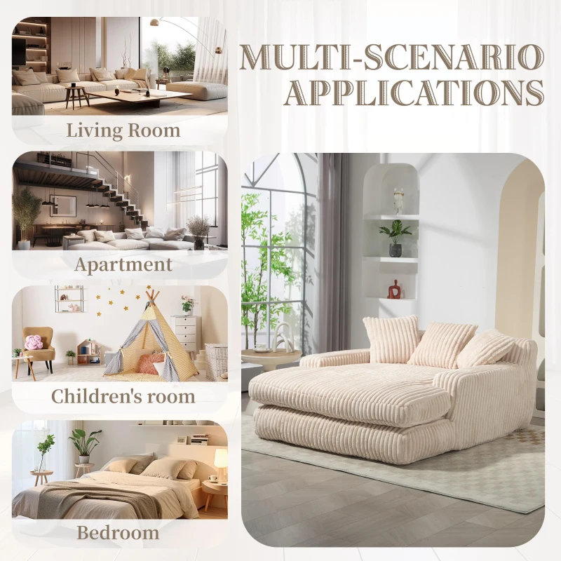 Oversized Chaise Longue Sofa with 3 Throw Cushions and Wide Armrests, Chair with Shredded Memory Foam Seat, 155L x 125W x 63H cm, Beige