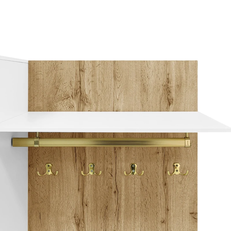 Set cuier cu oglindă și băncuță, iluminare LED, cuier de perete și 6 cârlige aurii pentru haine, 110x38x190 cm, Alb+Culoare naturală