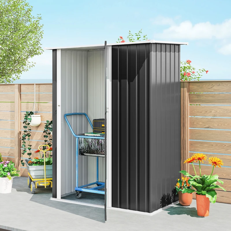 Outsunny Capanno Porta Attrezzi in Metallo con Tetto Inclinato e Porta Bloccabile, 142x86x189 cm, Grigio Scuro