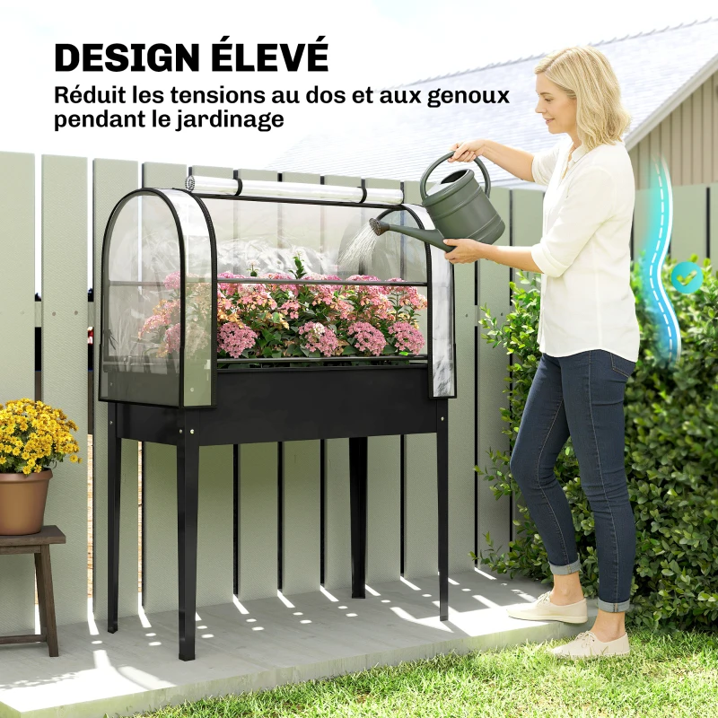 Outsunny Potager sur Pieds avec Serre Rabattable, Jardinière Surélevée en Métal avec Trou de Drainage, 100 x 49 x 136 noir