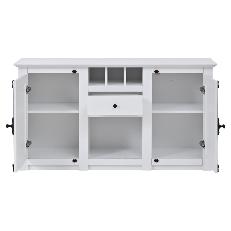 Credenza moderna con 2 ante, cassetto, ripiano a vista e 3 portabottiglie, 130x35x70 cm, Bianco