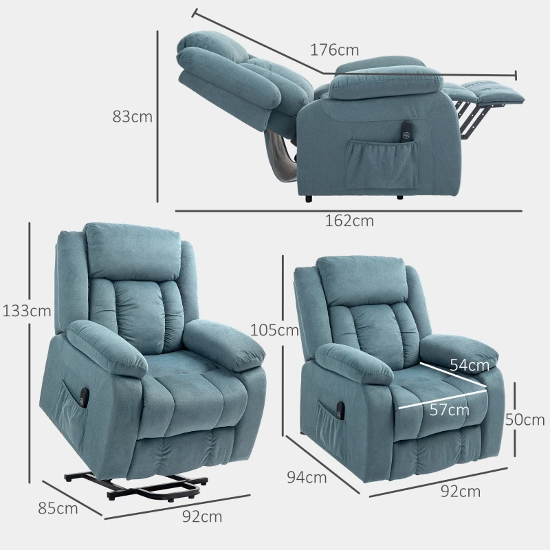 HOMCOM Sillón Relax Reclinable Eléctrico Levanta Personas con Puerto USB Control Remoto Asiento Ancho Reposapiés Azul