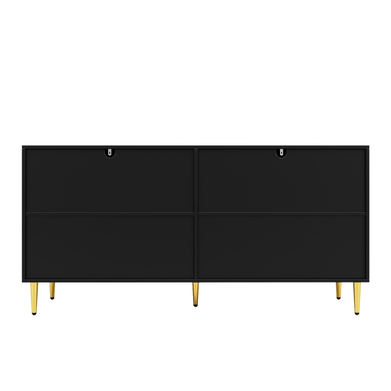Modern Sideboard with 4 Doors, 2 Drawers and Wave-front Design, MDF Storage Unit with Metallic Handles and Feet, 152L x 40W x 75H cm, Black