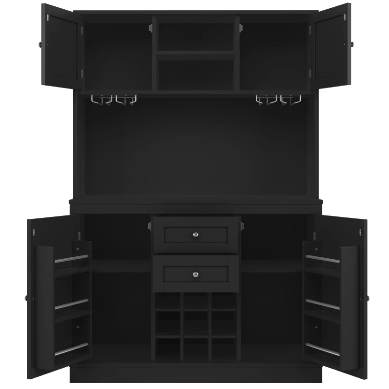 Tall Kitchen Cabinet with 4 Doors & 2 Smooth-Glide Drawers and Adjustable Shelves, Sideboard with Wine Racks, 120L x 40W x 188H cm, Black
