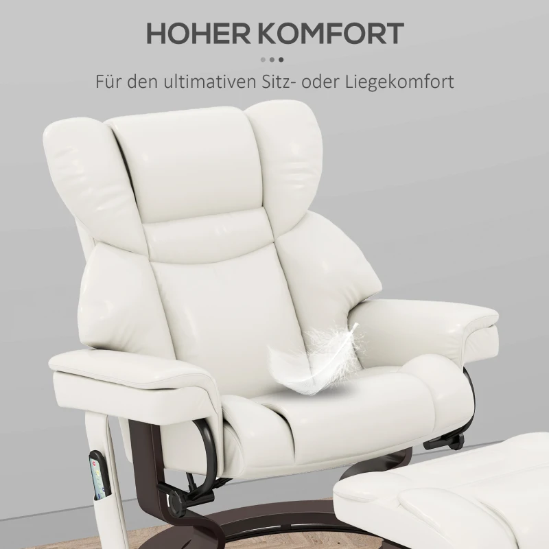 HOMCOM Relaxsessel mit Massagefunktion und Fußhocker, Liegesessel, Kunstleder, 79 x 82 x 101 cm, Cremeweiß(m-6)