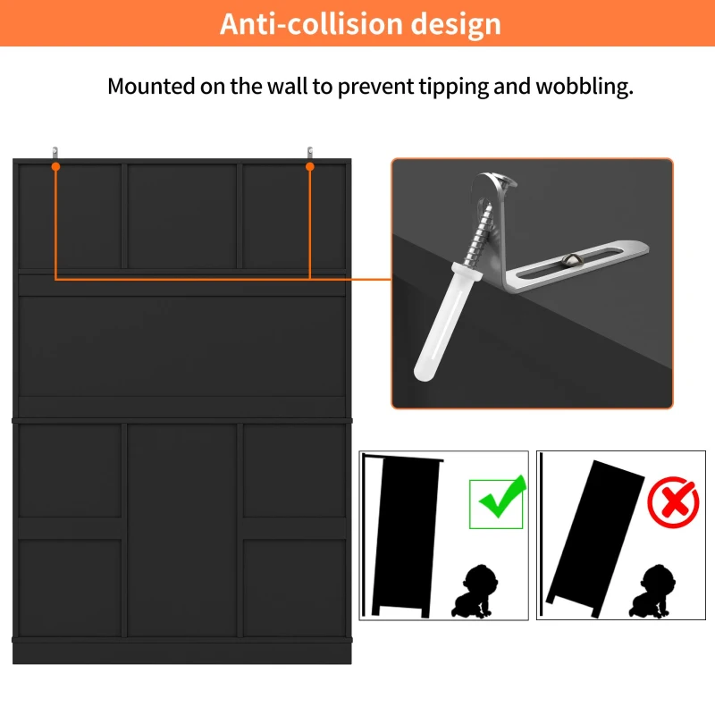 Tall Kitchen Cabinet with 4 Doors & 2 Smooth-Glide Drawers and Adjustable Shelves, Sideboard with Wine Racks, 120L x 40W x 188H cm, Black