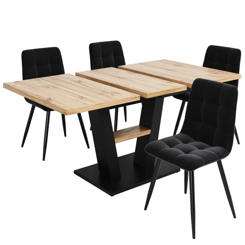 Extendable Dining Table with Marbled MDF Top and V-Shaped Metal Legs, Space-Saving Desk for Seats 6–8, 118L x 70W x 75H cm, Black+Natural