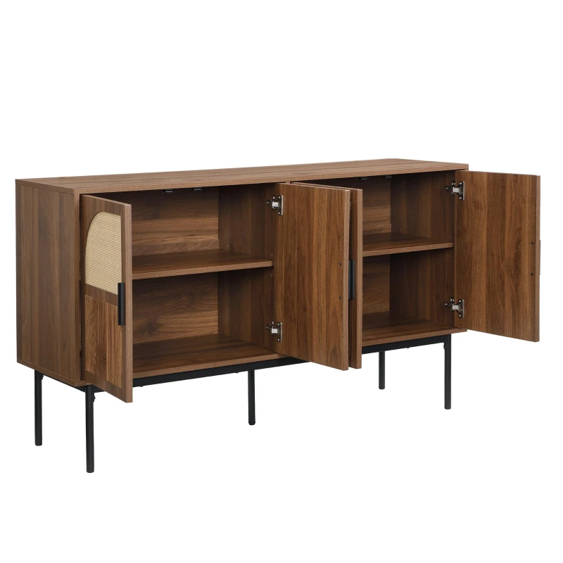 Bufet modern cu ratan, cu 4 uși și mult spațiu de depozitare, design retro-natural, 140x40x80 cm, Culoare naturală