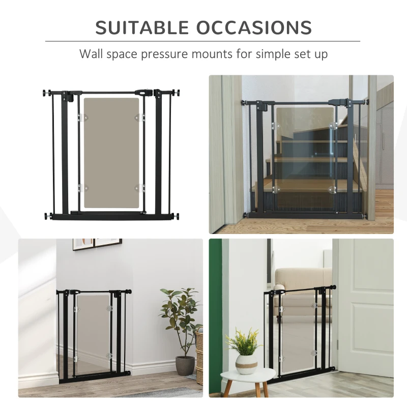 PawHut Pressure Fit Safety Gate, Dog Gate for Doorways and Staircases with Auto Closing Door Double Locking, Acrylic Panel, 74-80 cm - Black