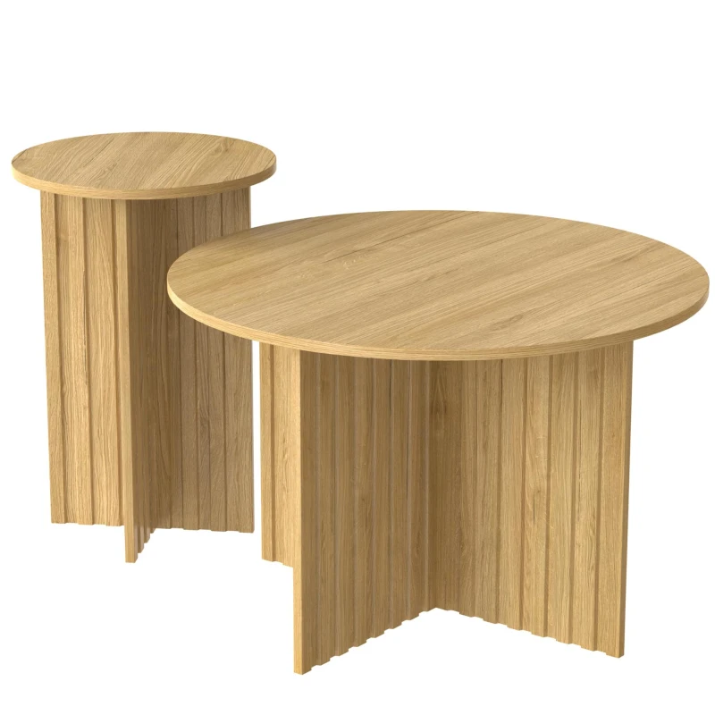 Set 2 tavolini da salotto annidiati con piani rotondi e struttura laterale verticale, 76x76x50 cm/40x40x56,5 cm, color legno