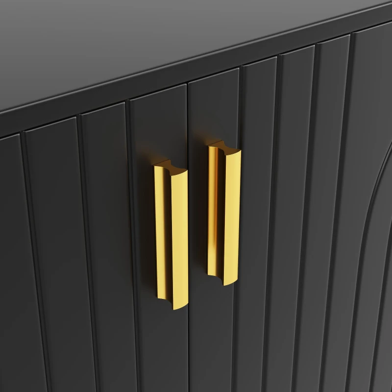 Modern Sideboard with 4 Doors, 2 Drawers and Wave-front Design, MDF Storage Unit with Metallic Handles and Feet, 152L x 40W x 75H cm, Black