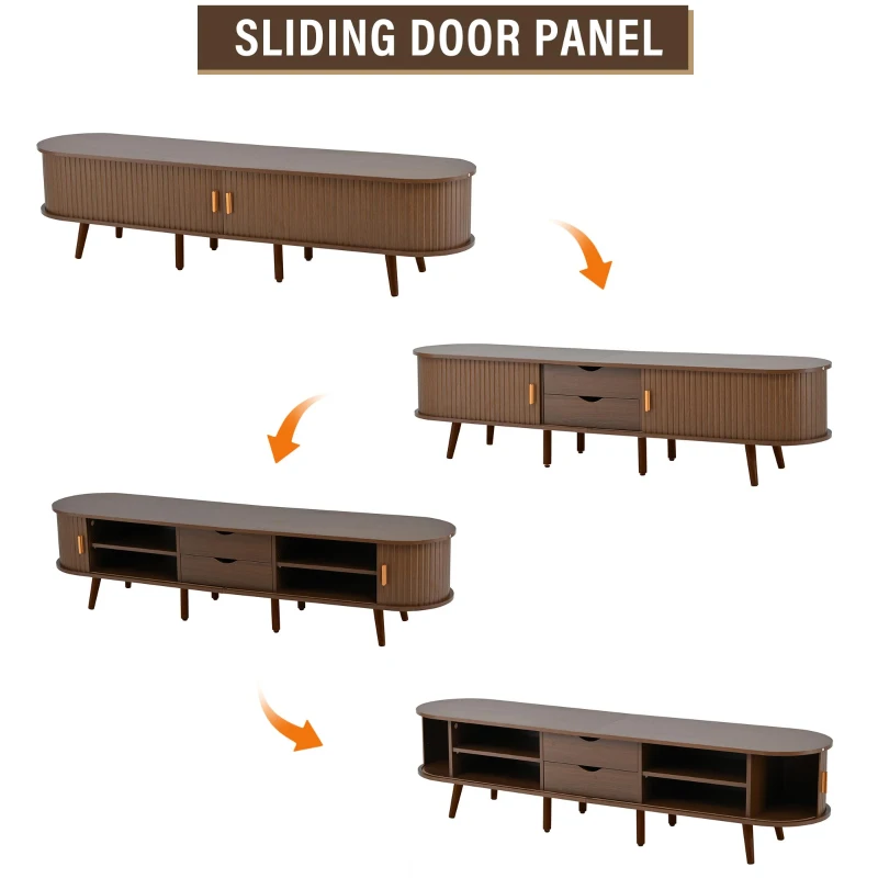 Durable Oval TV Unit with 2 Sliding Doors and 2-Tier Storage Shelves, High‑Legged TV Stand for Living Room, 175L x 40W x 40H cm, Oak