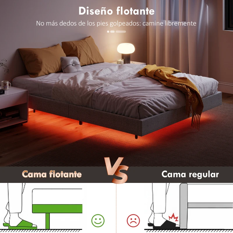 HOMCOM Somier 160x200 cm con Luces LED Estructura de Cama Tapizado en Lino Láminas de Madera Fácil de Montar Gris