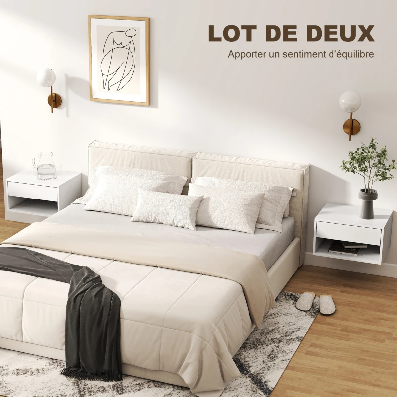 HOMCOM Lot de 2 tables de chevet murales, tables de nuit, tiroir, compartiment ouvert, plateau, 37 x 32 x 21 cm, blanc