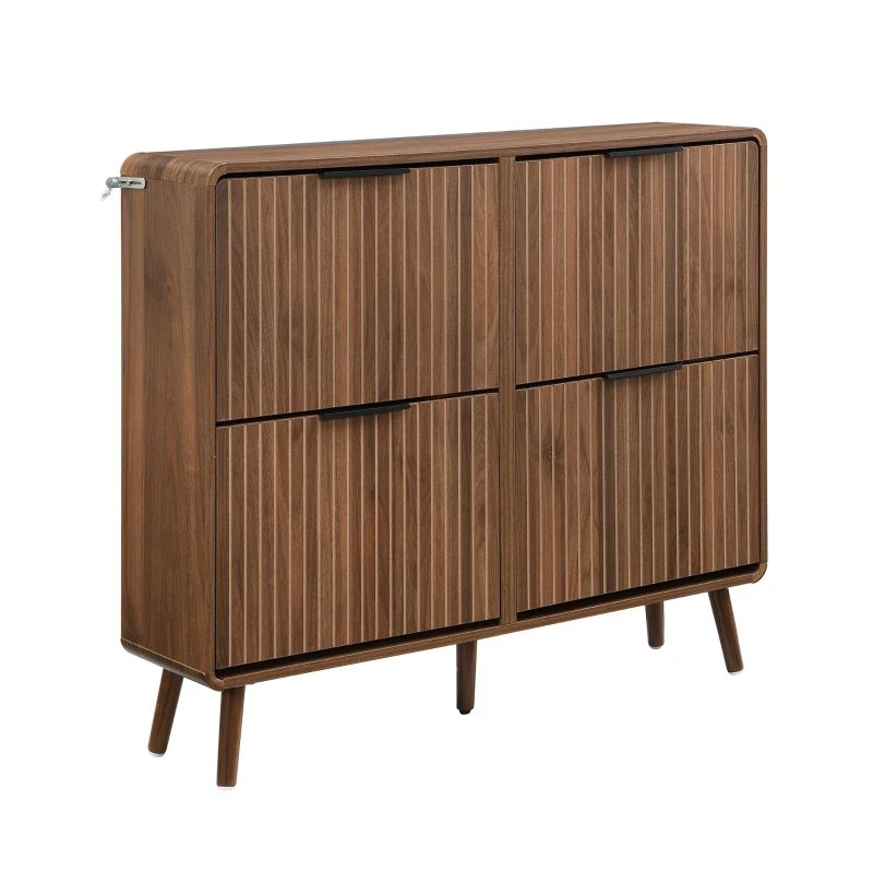 Moderner Schuhschrank, vierflügeligen Klapptüren, doppelstöckigem Stauraum für 18–24 Paar Schuhe, 105 x 24 x 90 cm, Naturfarbe
