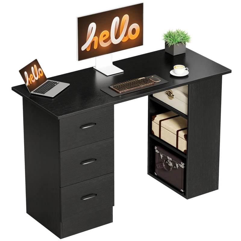 HOMCOM Computer Desk, Writing Table, PC Workstation with 3 Storage Shelves and Drawers, Handle, for Home Office, Black