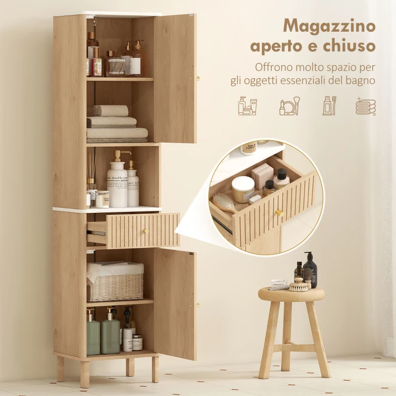 HOMCOM Colonna Bagno con Cassetto, 2 Armadietti e Ripiani Regolabili, Ripiano Effetto Marmo, 41.5x30x168 cm, Rovere