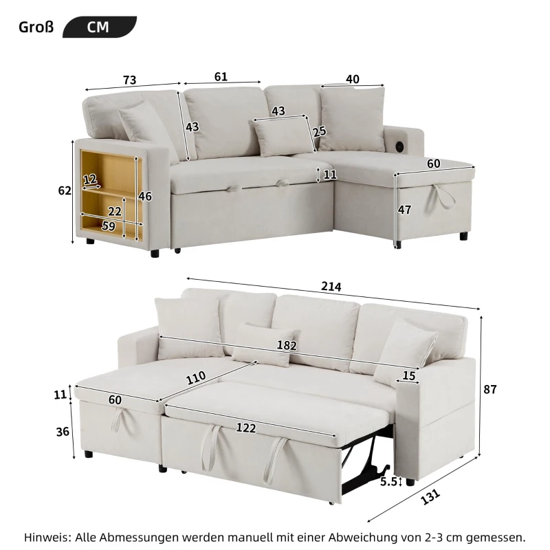 3 Seater Corner Sofa with Integrated Side Shelf and Built-in USB, Modular Sofa with Footstool and 3 Cushions, 214L x 131W x 87H cm, Beige