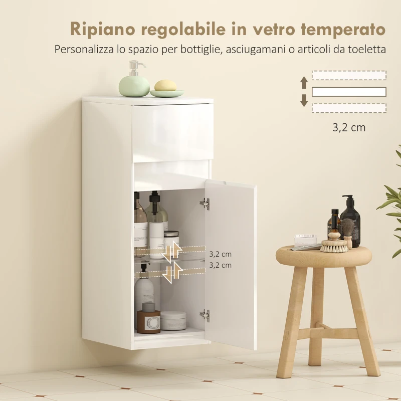 HOMCOM Mobiletto Bagno Sospeso con Cassetto, Anta Lucida e Ripiano in Vetro Regolabile, Bianco